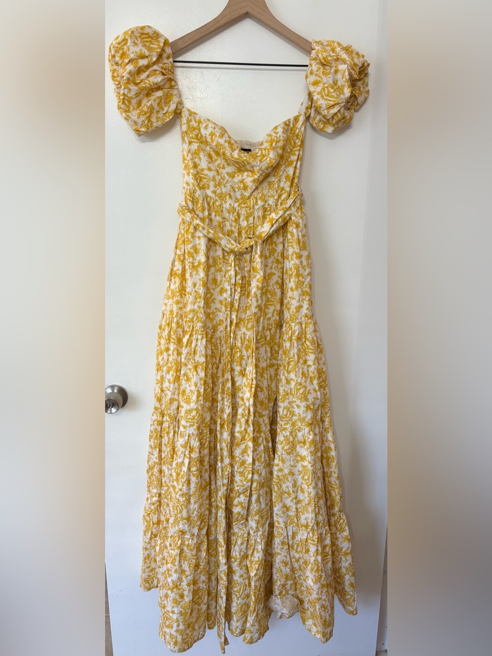 Aqua Women Yellow Floral Off Shoulder Cotton Bubble Sleeves Maxi Dress Size XS
